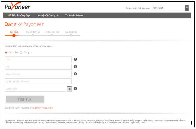 Bước đầu truy cập website để đăng ký tài khoản Payoneer